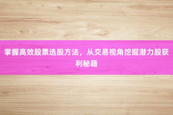 掌握高效股票选股方法，从交易视角挖掘潜力股获利秘籍